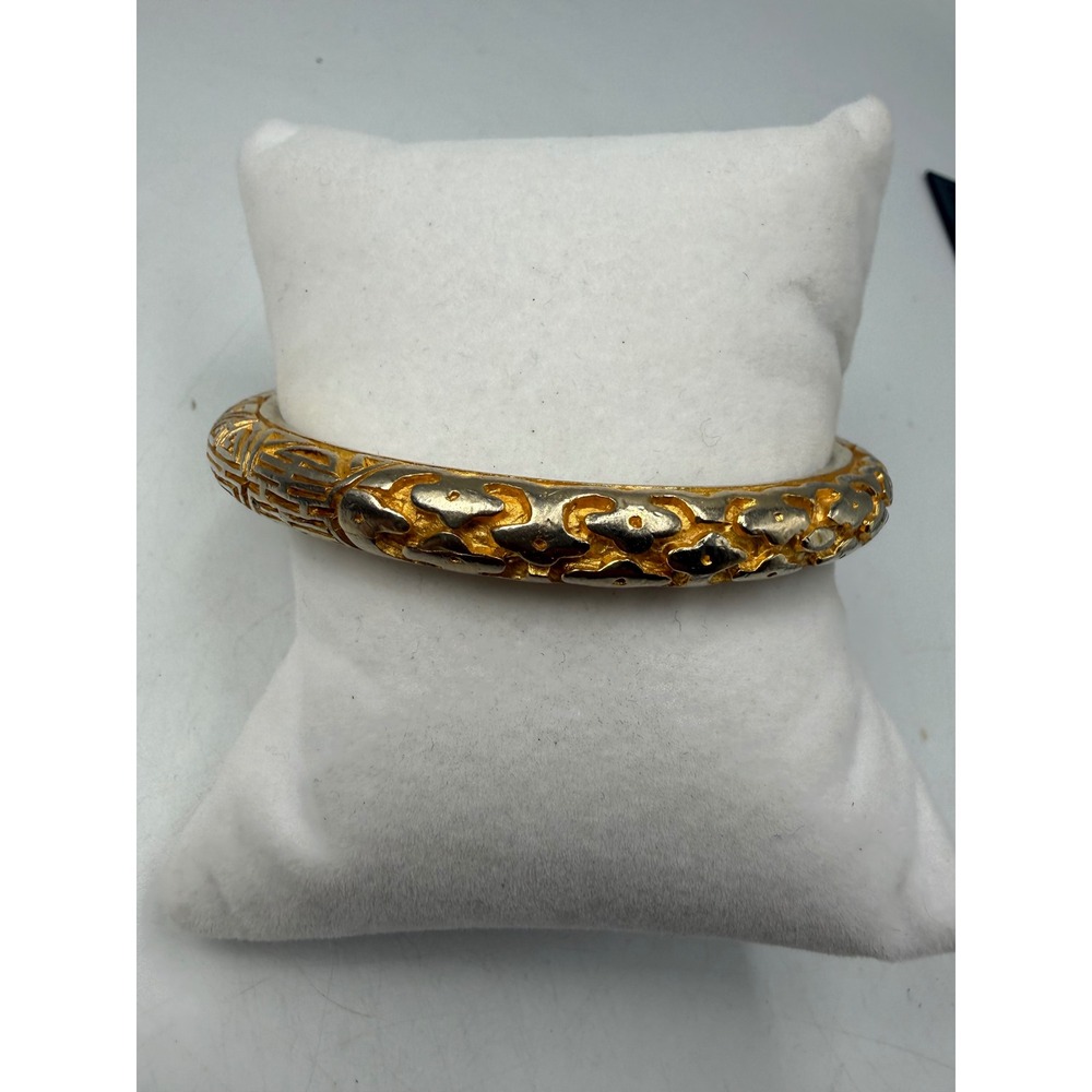 Vintage Two Tone Gold Silver Textured Bangle Bracelet Mixed‎ Metal Geometric